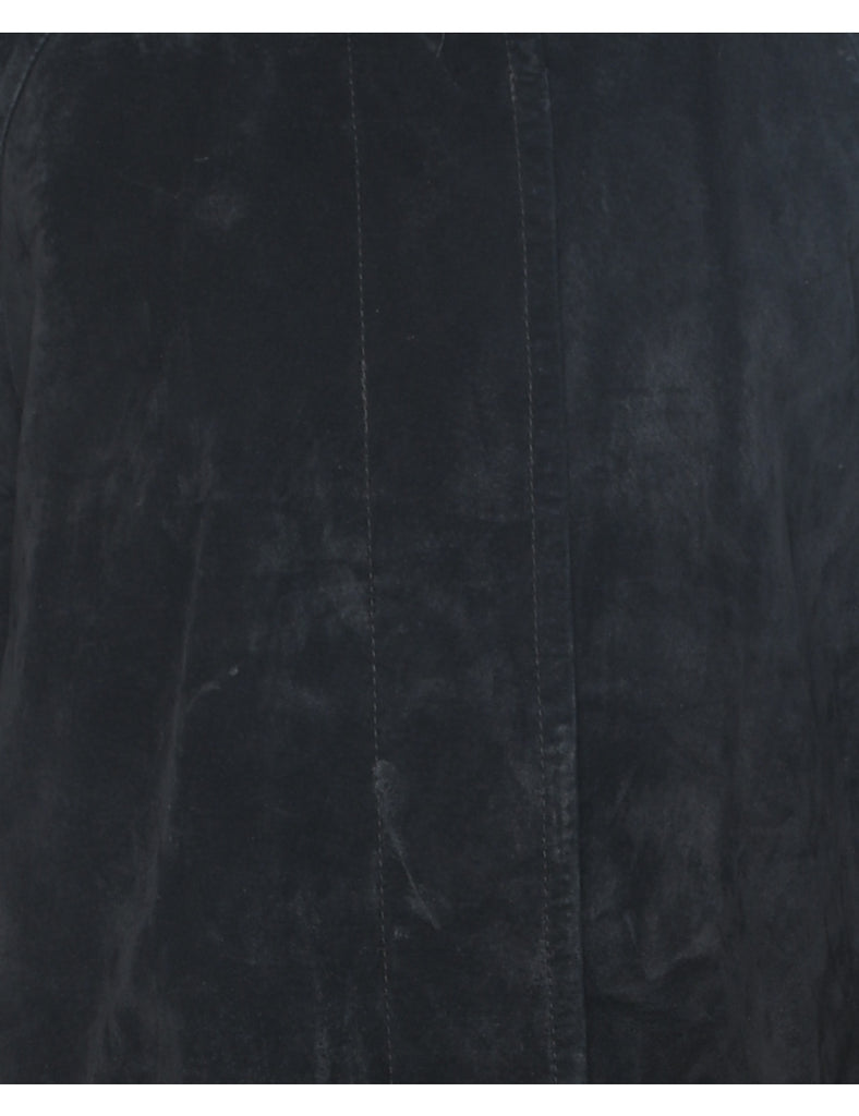 Long Black Button-Front Suede Jacket - XS
