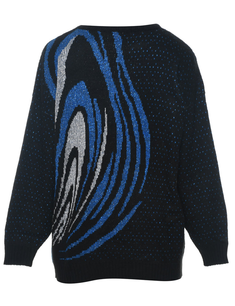 Lurex Thread Pattern Black & Blue 1980s Jumper - L