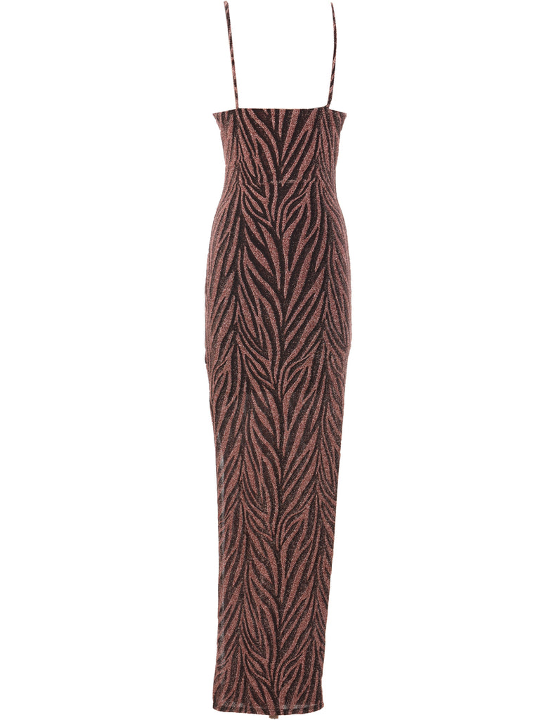 Lurex Thread Pattern Black & Brown Zebra Print Sparkly Evening Dress - S