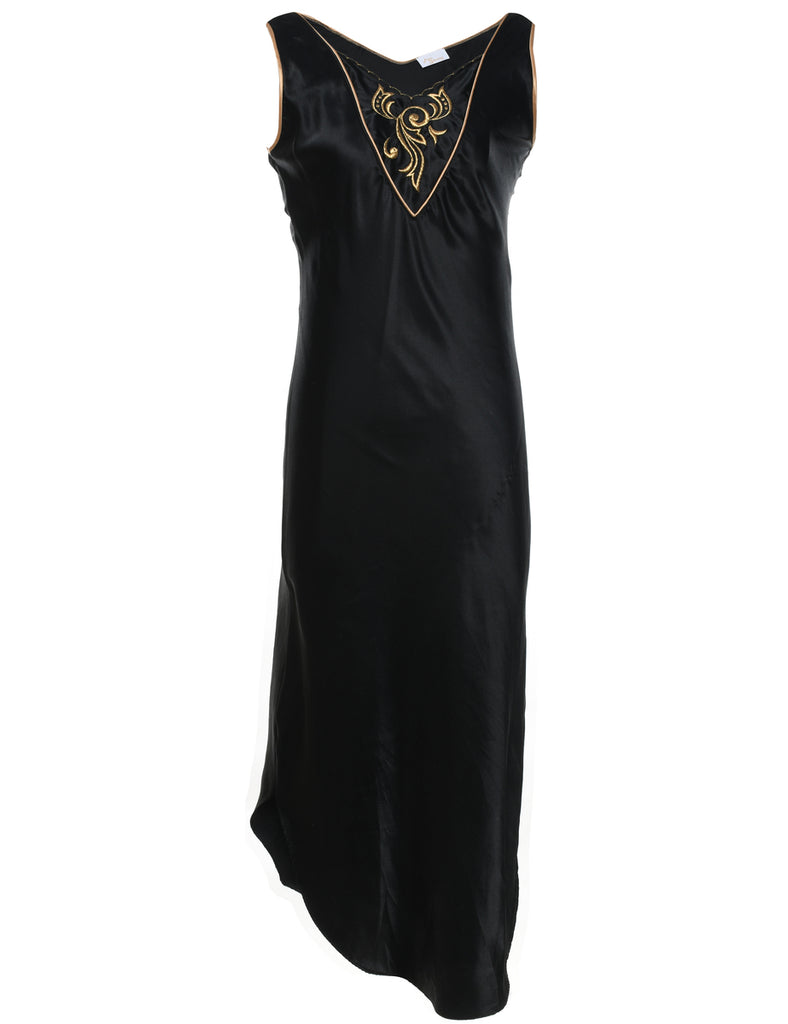 Lurex Thread Pattern Black & Gold Embroidered Slip Dress - L