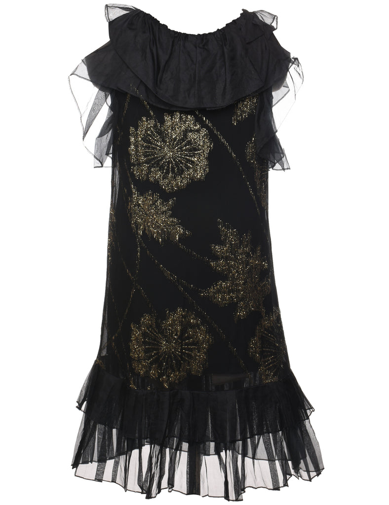 Lurex Thread Pattern Black & Gold Sparkly Ruffled Evening Dress - M