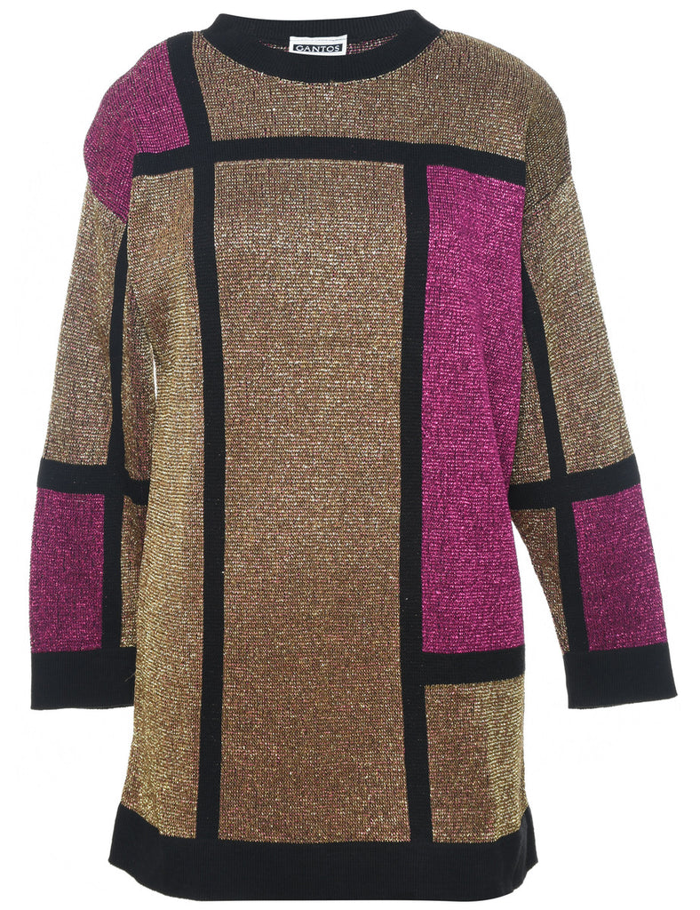 Lurex Thread Pattern Gold & Pink 1980s Jumper - L