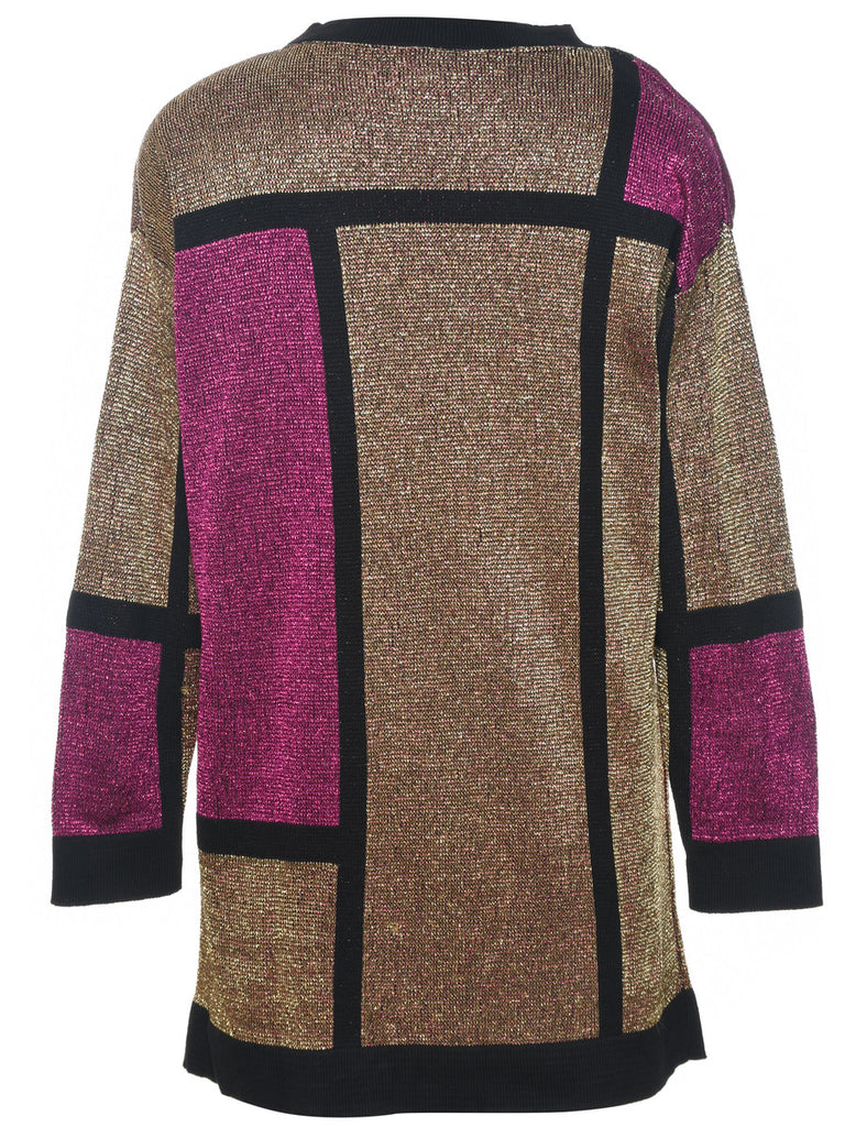 Lurex Thread Pattern Gold & Pink 1980s Jumper - L