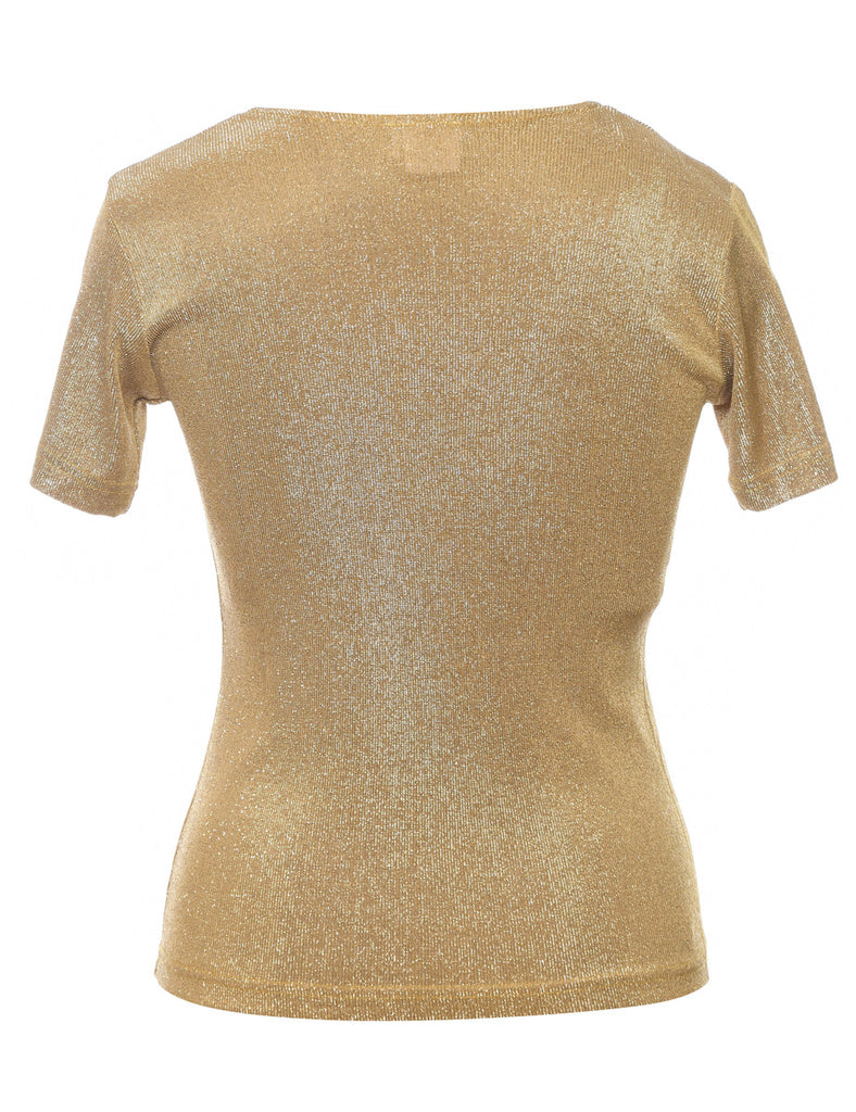 Lurex Thread Pattern Gold Short-Sleeve Jumper - M