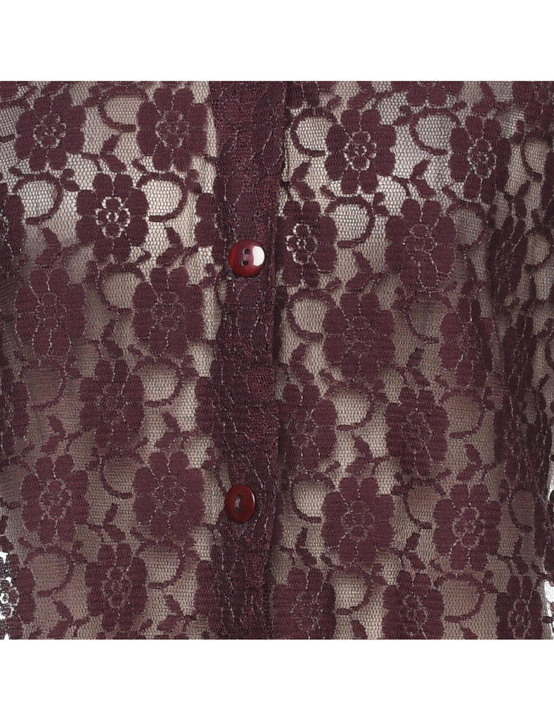 Maroon Classic Floral Lace Sheer Blouse - S