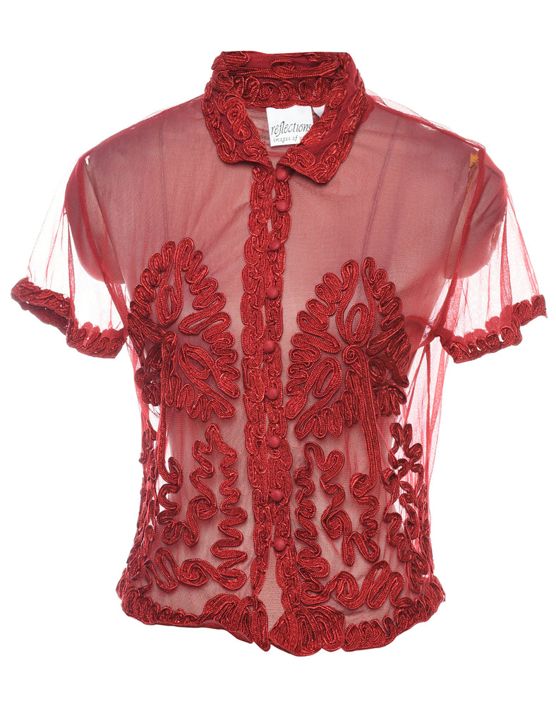 Maroon Sheer Embroidered 1990s Blouse - M