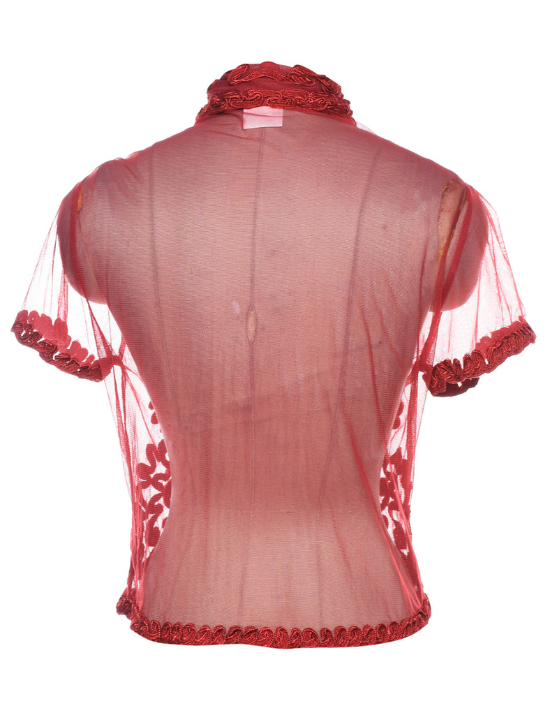 Maroon Sheer Embroidered 1990s Blouse - M