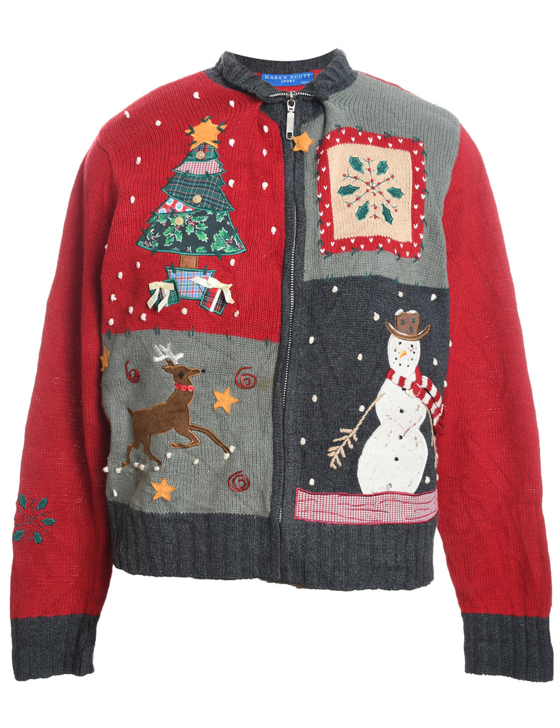 Multi-Colour Knit Appliqued Zip-Front Christmas Cardigan  - M