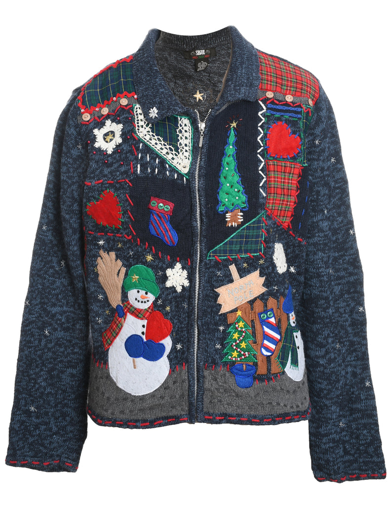 Navy Appliqued Zip-Front Christmas Cardigan - M