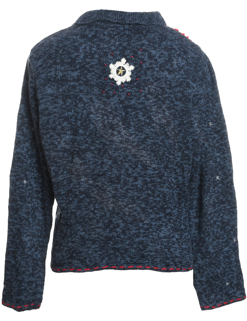 Navy Appliqued Zip-Front Christmas Cardigan - M