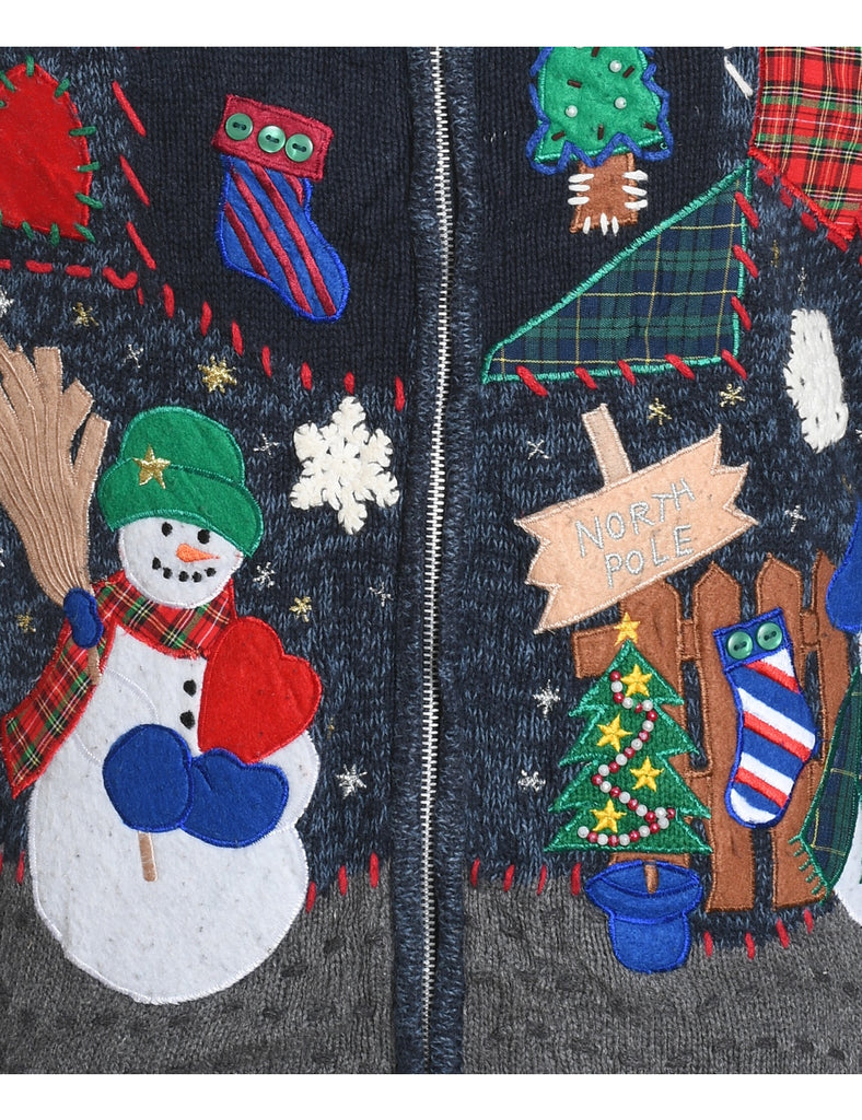 Navy Appliqued Zip-Front Christmas Cardigan - M