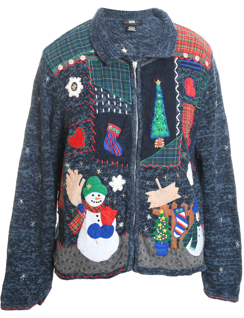 Navy Embroidered Christmas Cardigan. - L