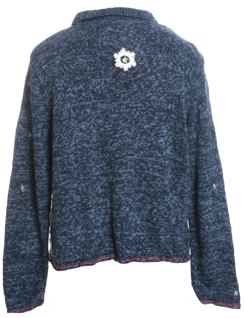 Navy Embroidered Christmas Cardigan. - L