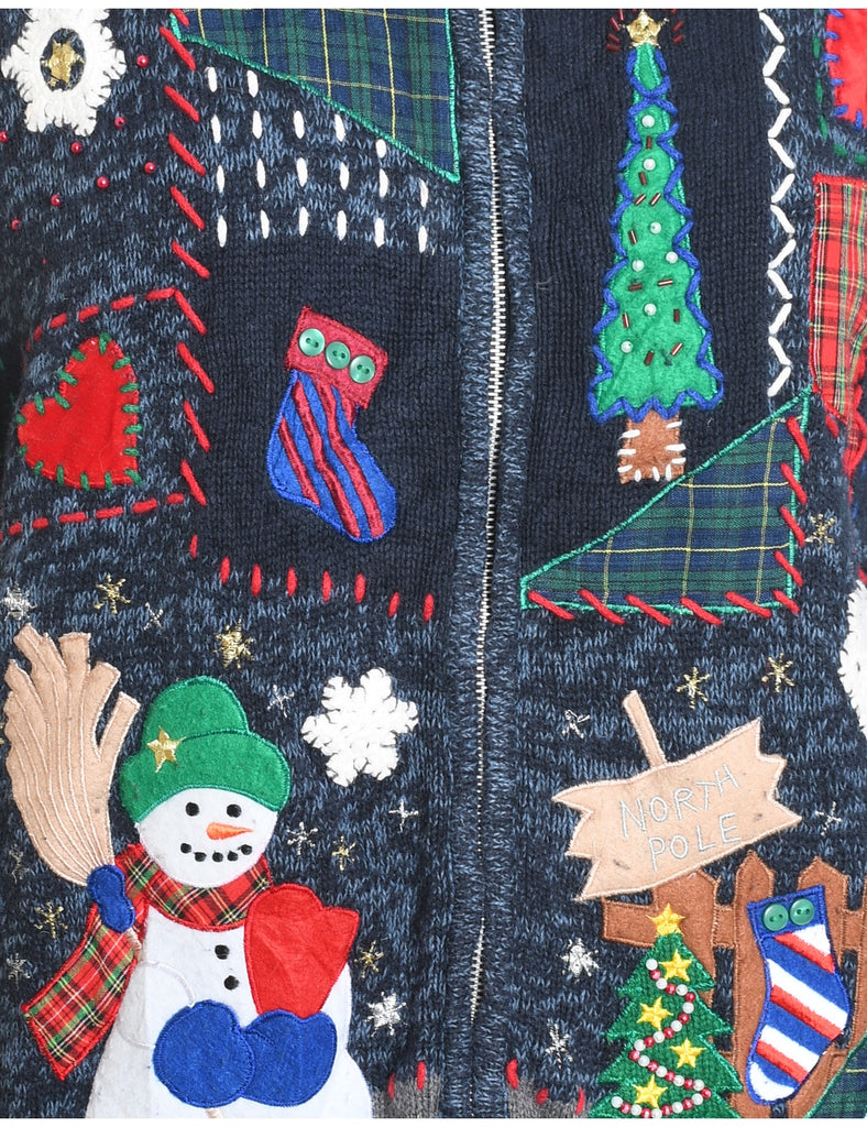 Navy Embroidered Christmas Cardigan. - L