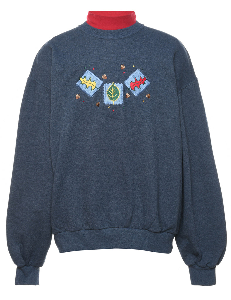 Navy Embroidered Leaf Design Sweatshirt - L