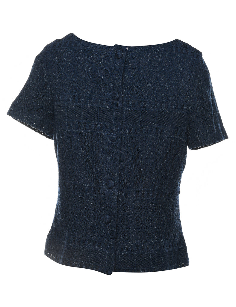 Navy Metallic Finish Lace Evening Top - M