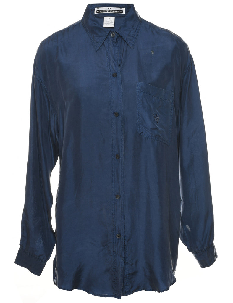 Navy Plain Silk Shirt - M