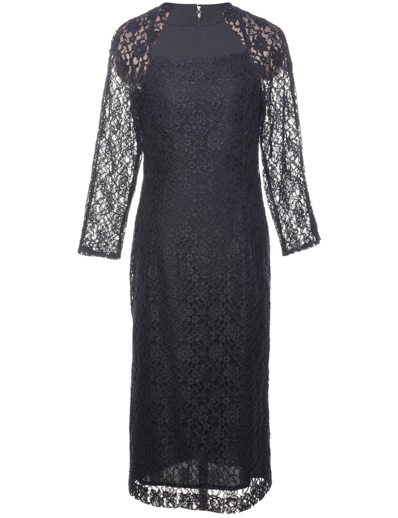 Navy Sheer Floral Lace Evening Dress - S