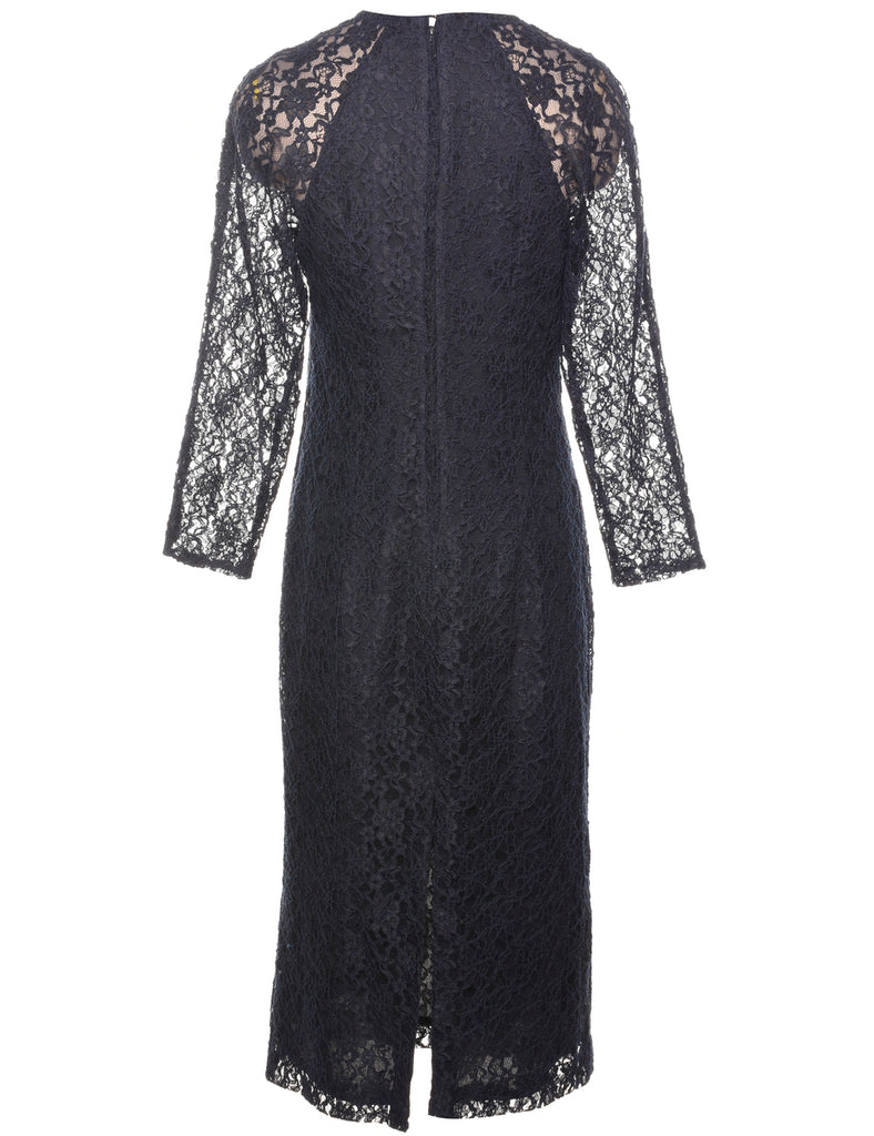 Navy Sheer Floral Lace Evening Dress - S