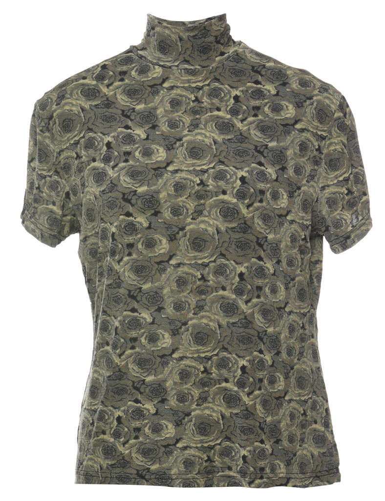 Olive Green High-Neck Floral Printed Top - M