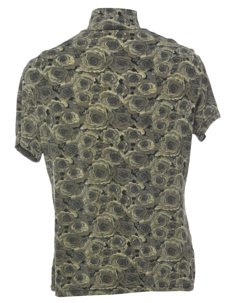 Olive Green High-Neck Floral Printed Top - M