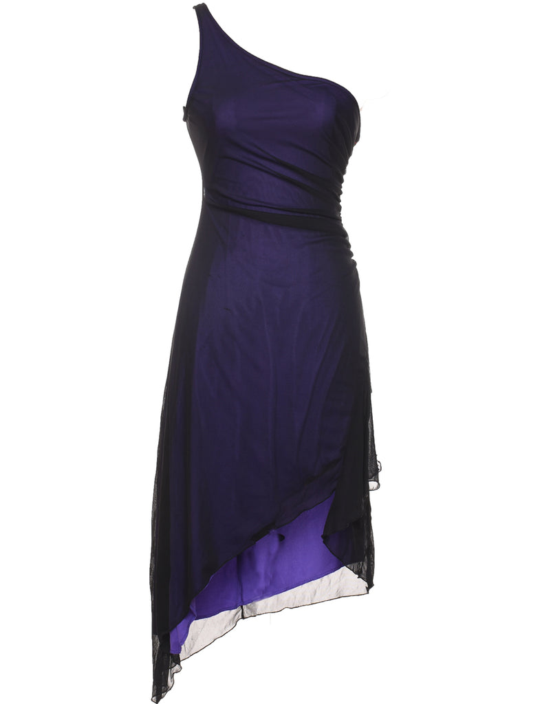 One Shouldered Purple & Black 1990s Evening Dress - XS