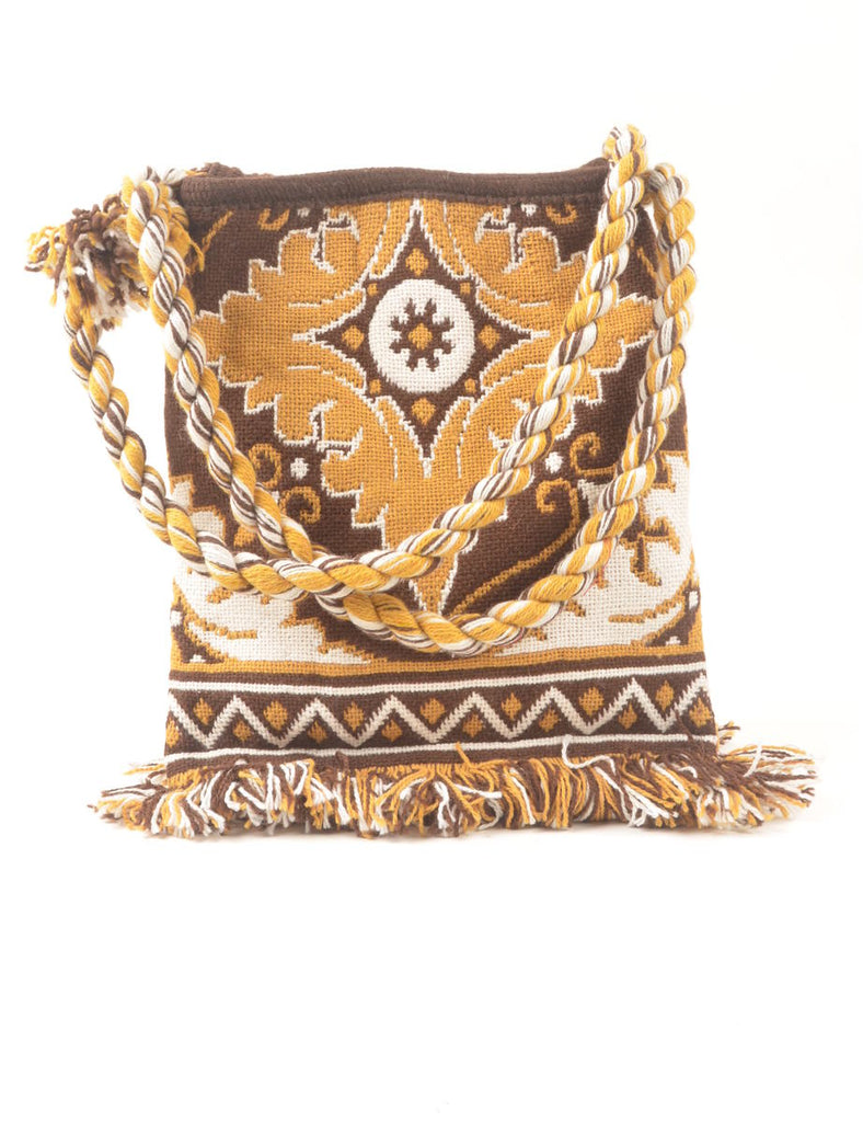 Orange, White & Brown Fringed Tapestry Bag - S