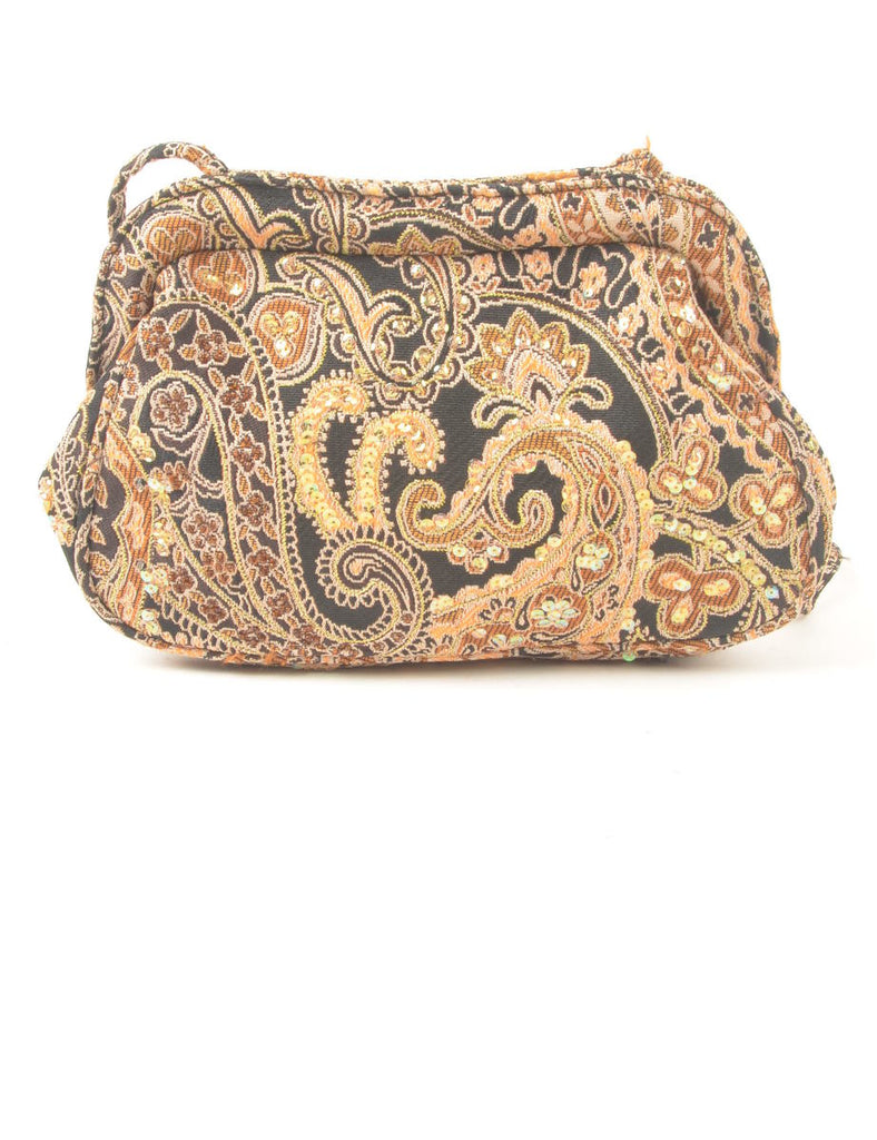 Paisley Print Sequined Orange & Dark Grey Tapestry Bag - S