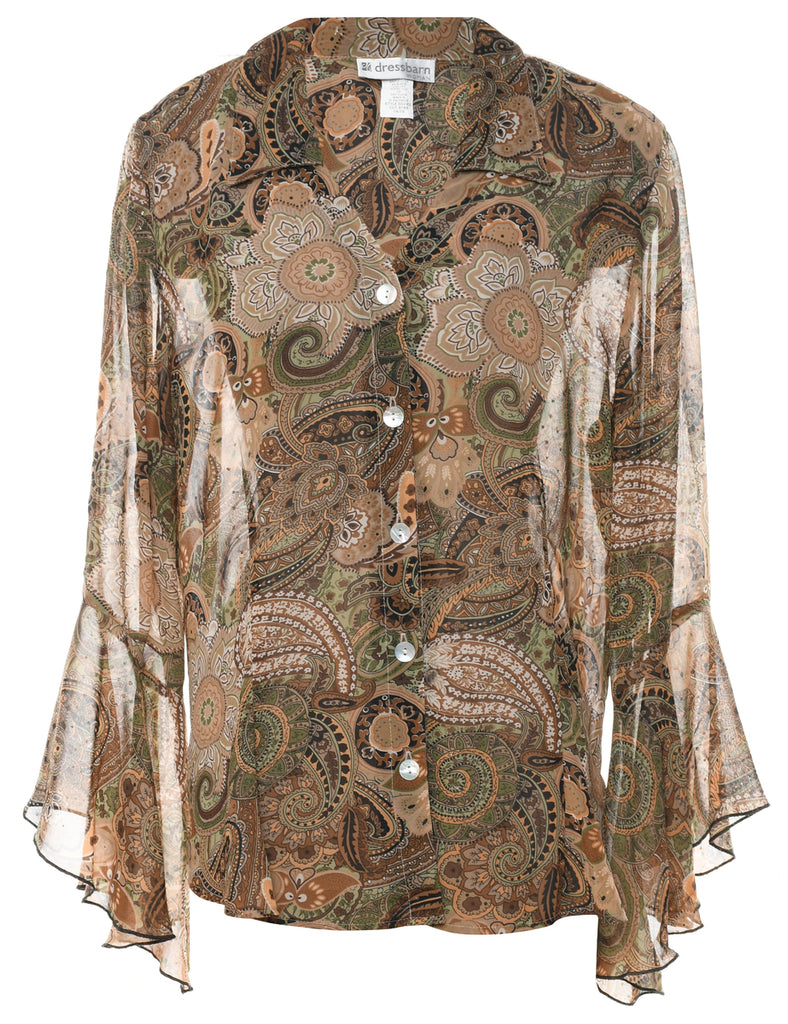 Paisley Print Sheer Bell Sleeve Blouse - XL