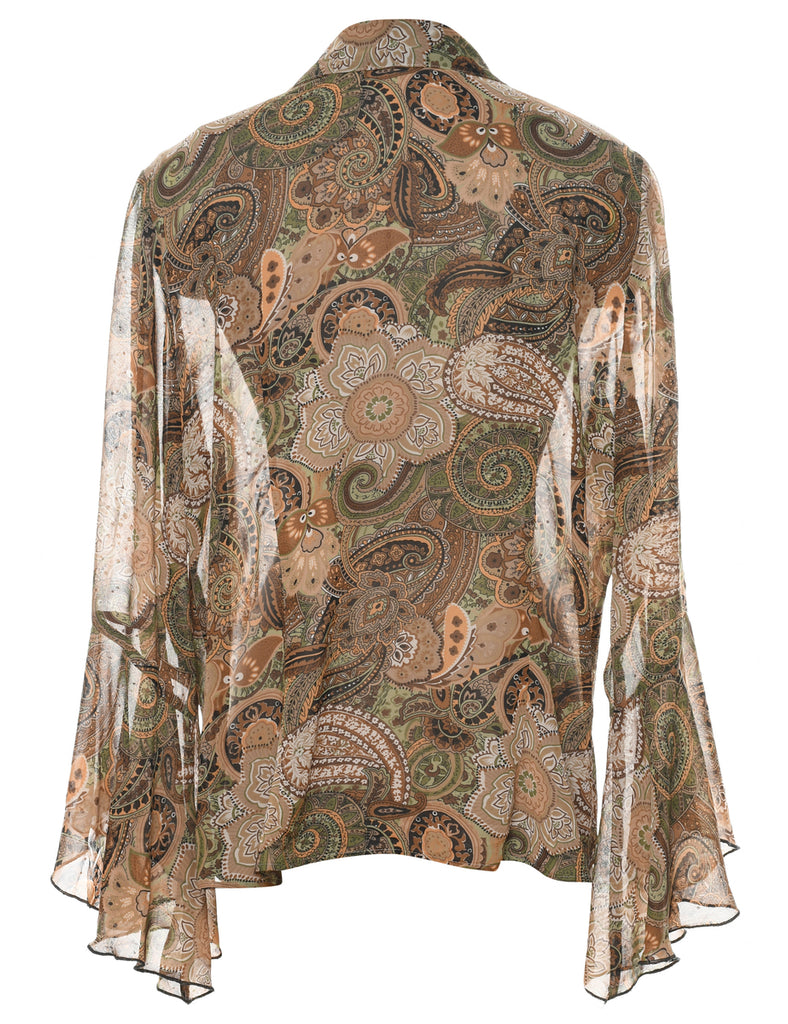 Paisley Print Sheer Bell Sleeve Blouse - XL