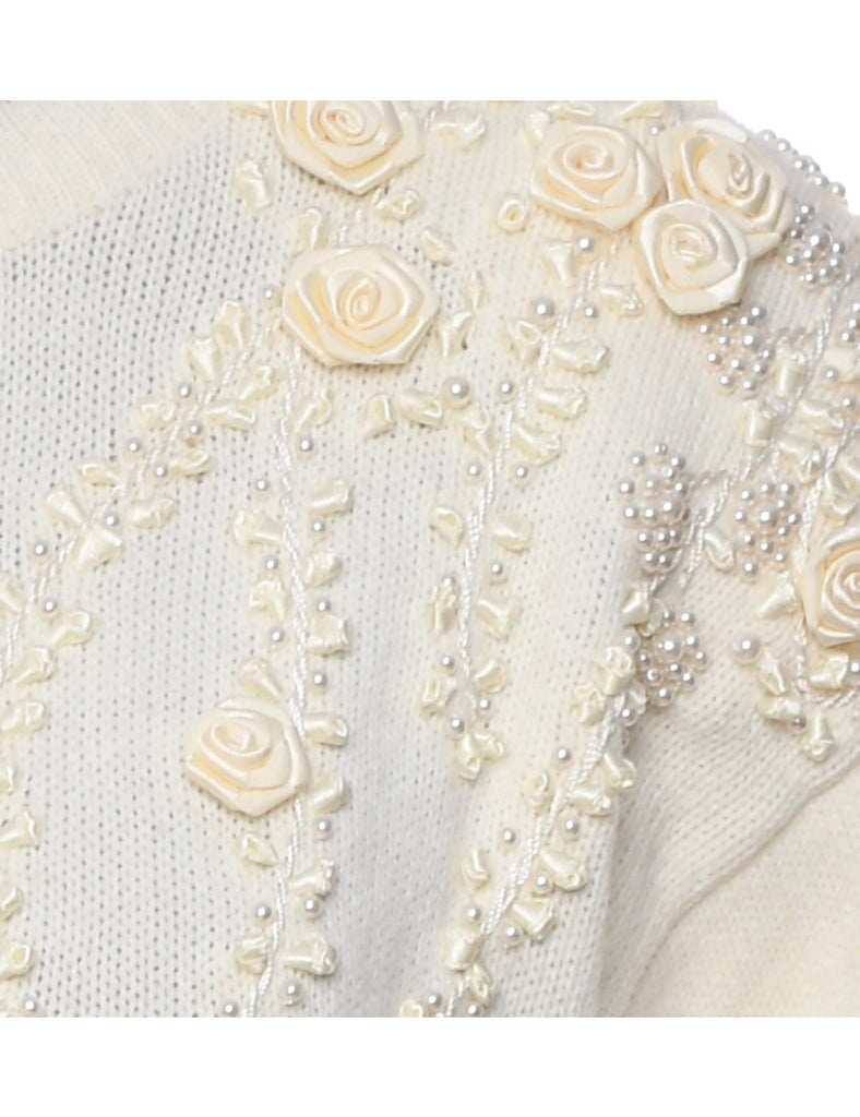 Pale Yellow 1980s Pearl Detail Jumper - S