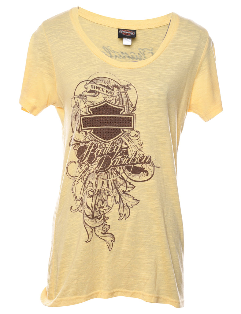 Pale Yellow Harley Davidson Y2K Printed T-shirt - M