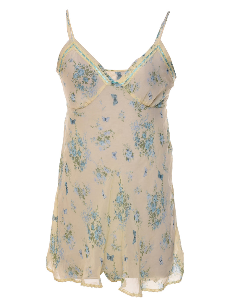 Pale Yellow & Light Blue Sheer Floral Print Slip Dress - S