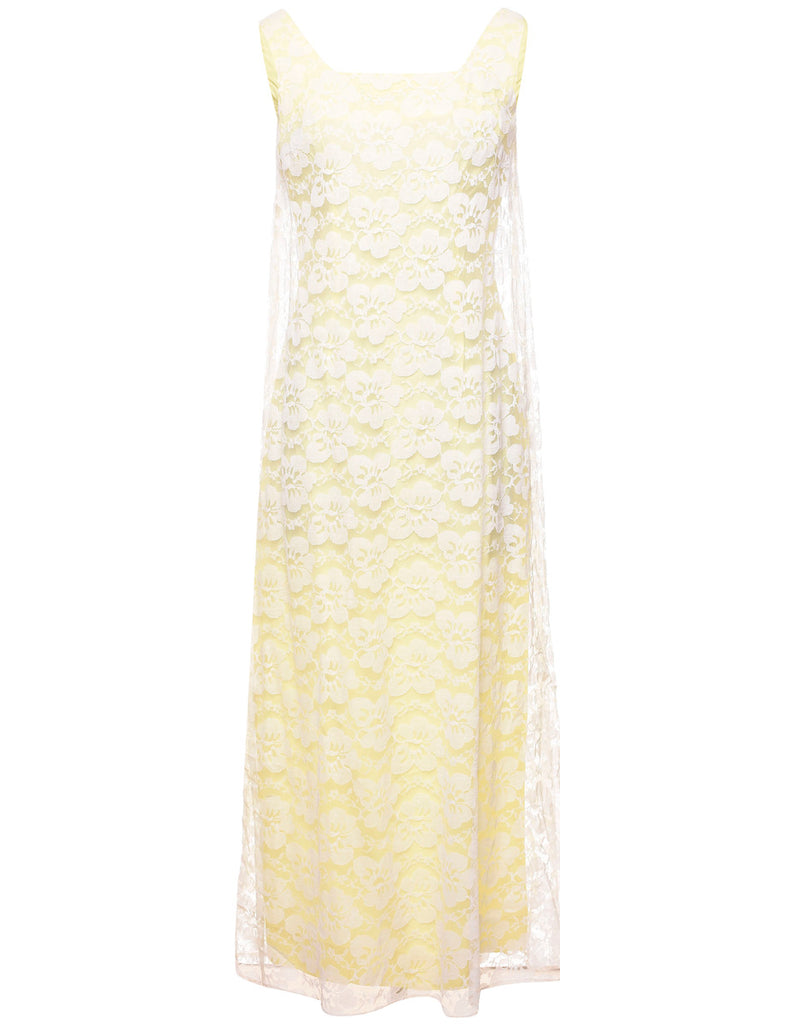 Pale Yellow & White Vintage Lace 1970s Maxi Dress - M