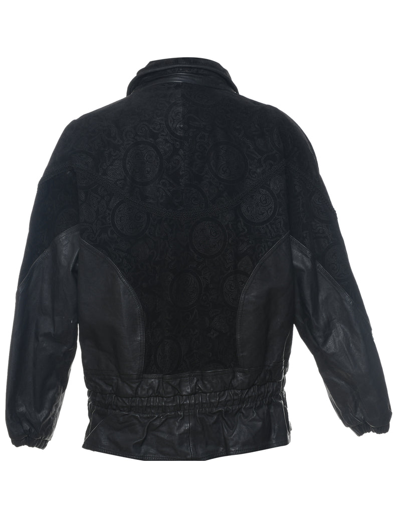 Patterned Black 1980s Zip-Front Suede Jacket - L