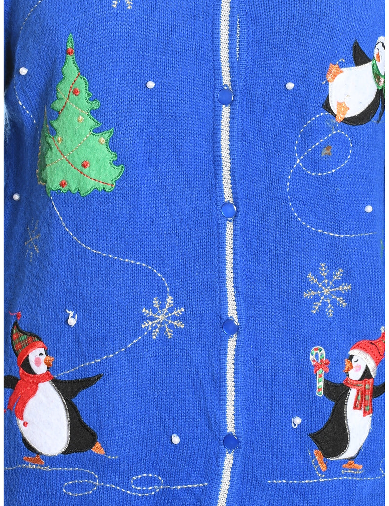 Penquin Design Blue Knit Christmas Cardigan - L