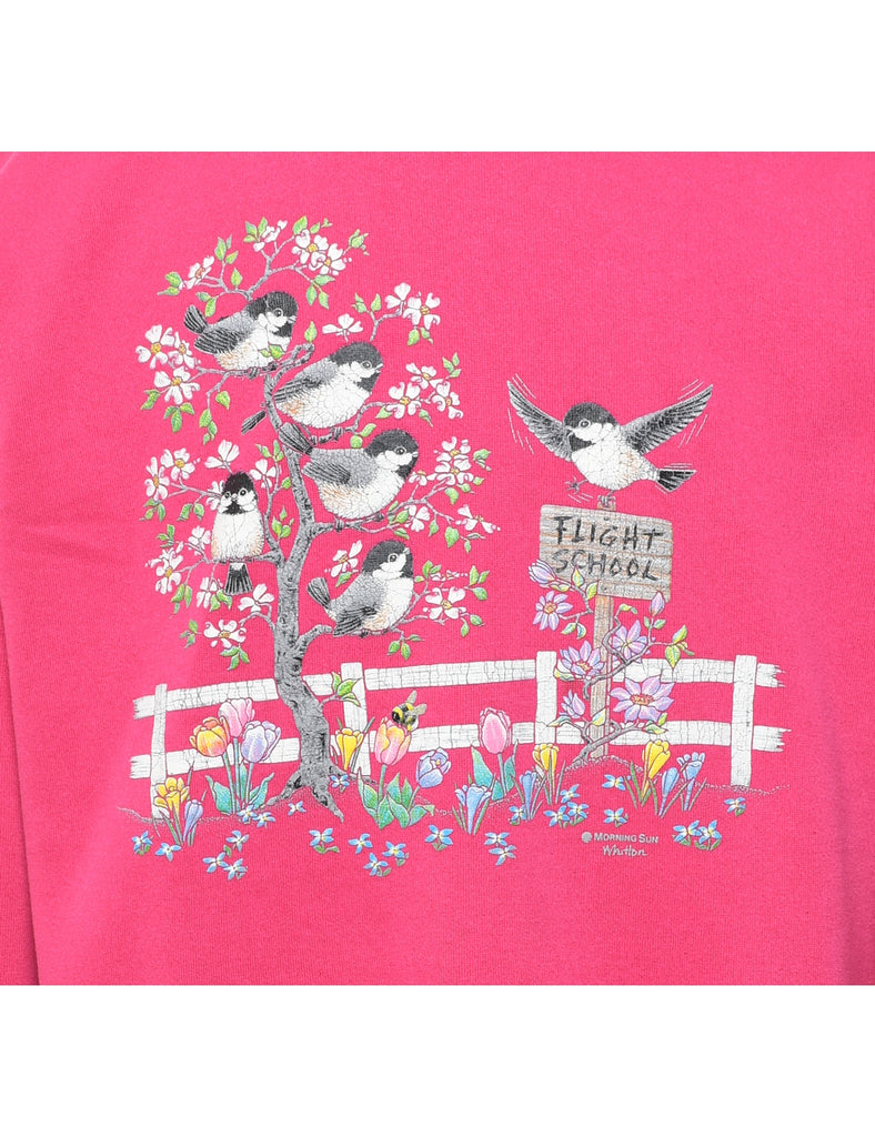 Pink Printed 1990s Bird Design Sweatshirt - L