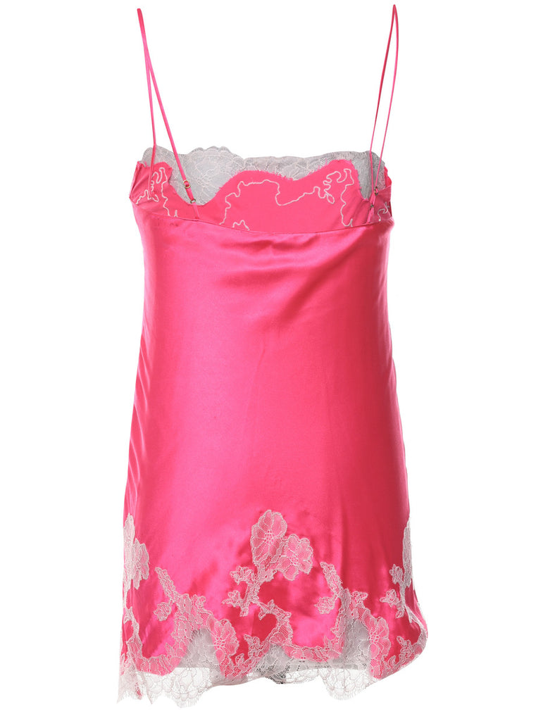 Pink & White Strappy Lace Trim Slip Dress - M