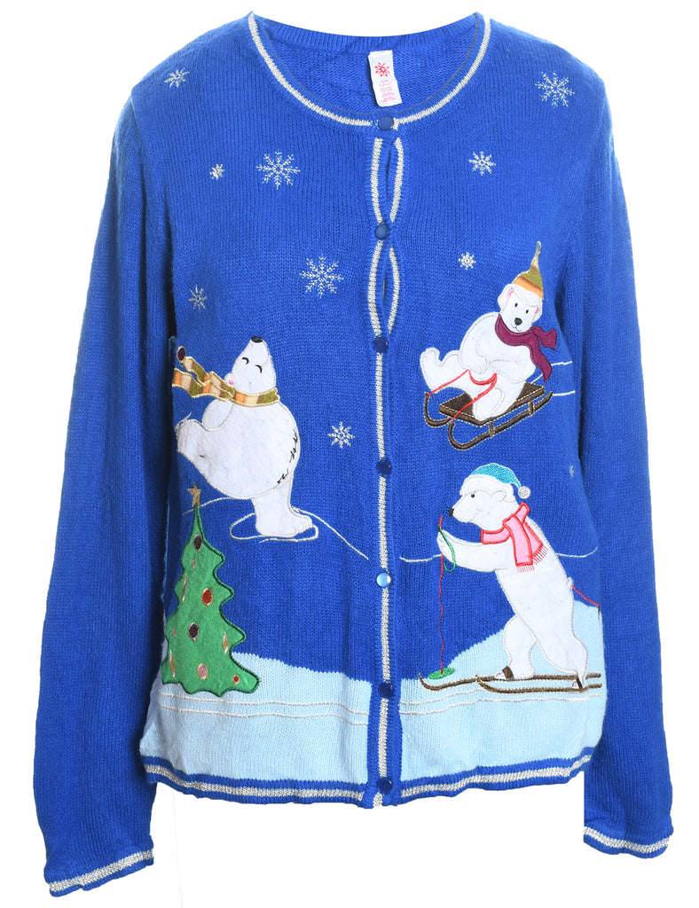 Polar Bear Design Blue Knit Christmas Cardigan - L