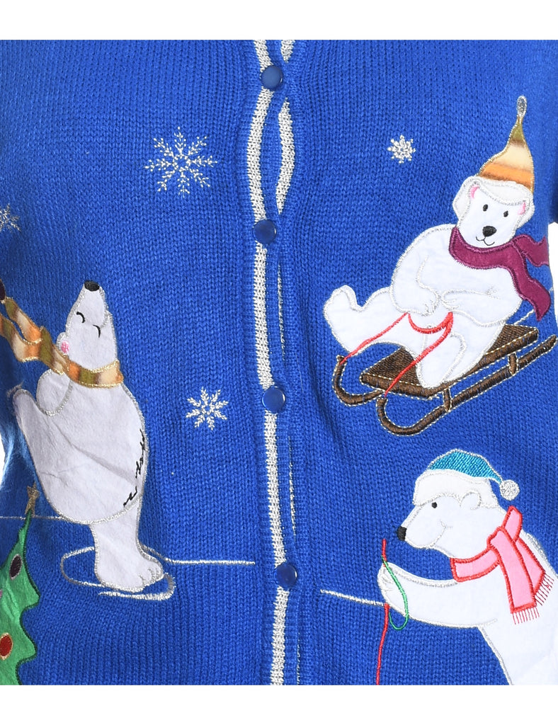 Polar Bear Design Blue Knit Christmas Cardigan - M