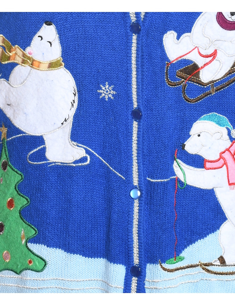 Polar Bear Design Blue Knit Christmas Cardigan - L