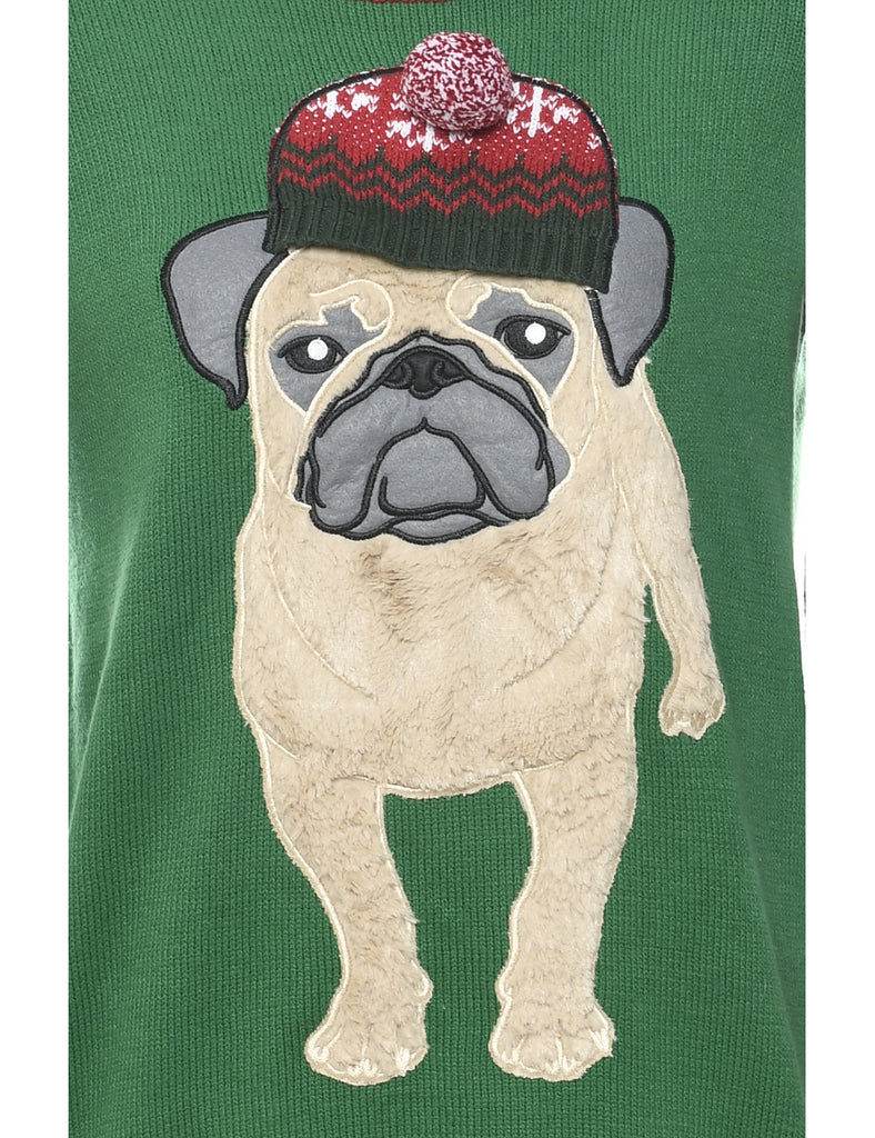 Pug Patchwork Dark Green Christmas Jumper - M