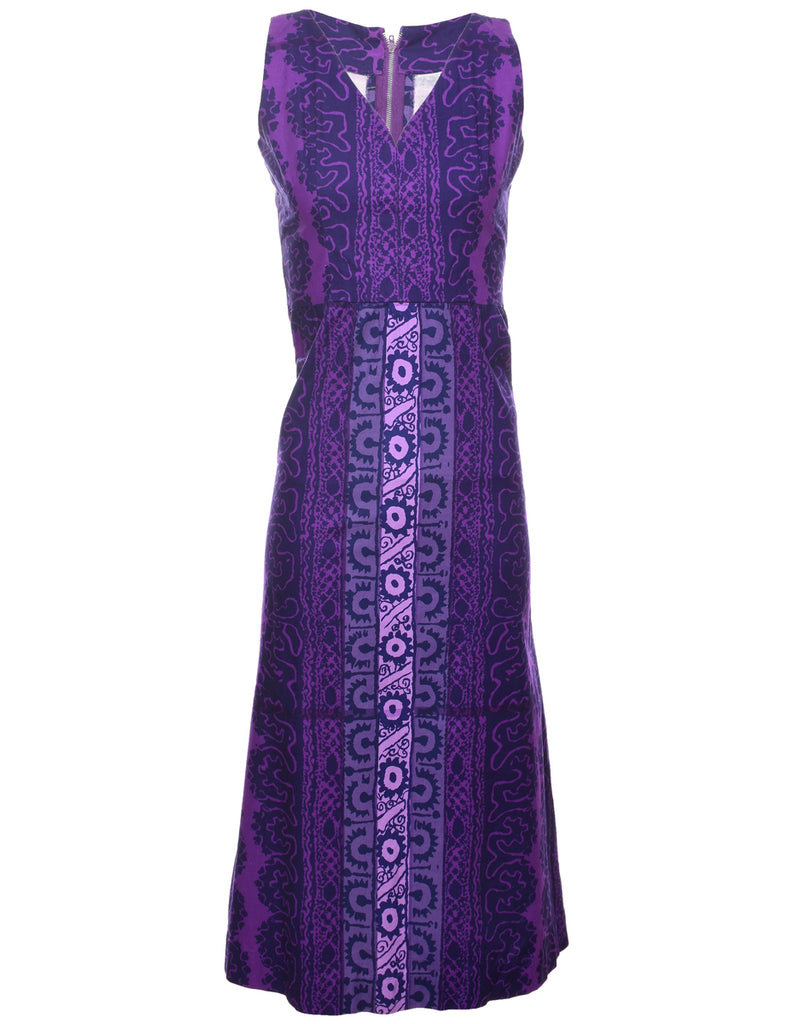 Purple 1970s Patterned Dress - S