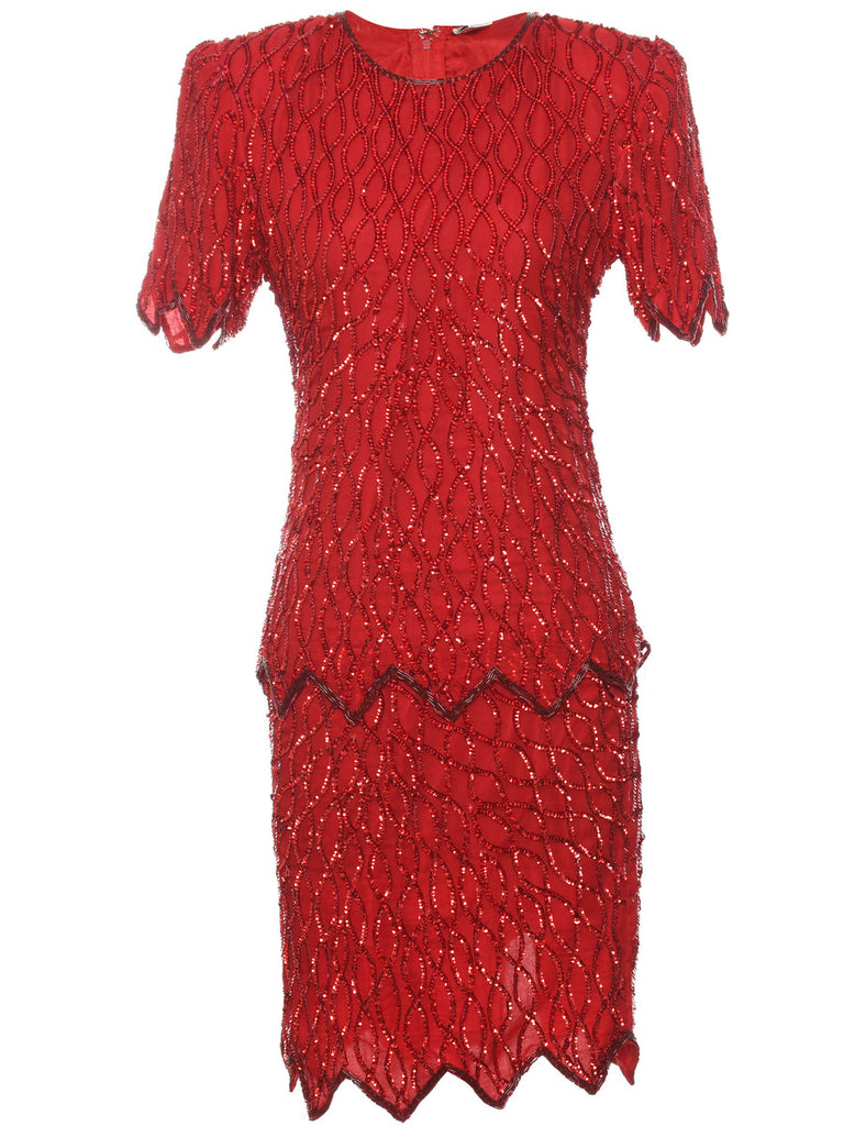 Red 1980s Sparkly 100% Silk Sequined Evening Dress - S