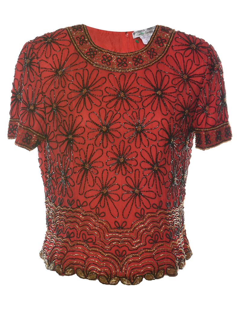 Red Beaded Silk Party Top - M