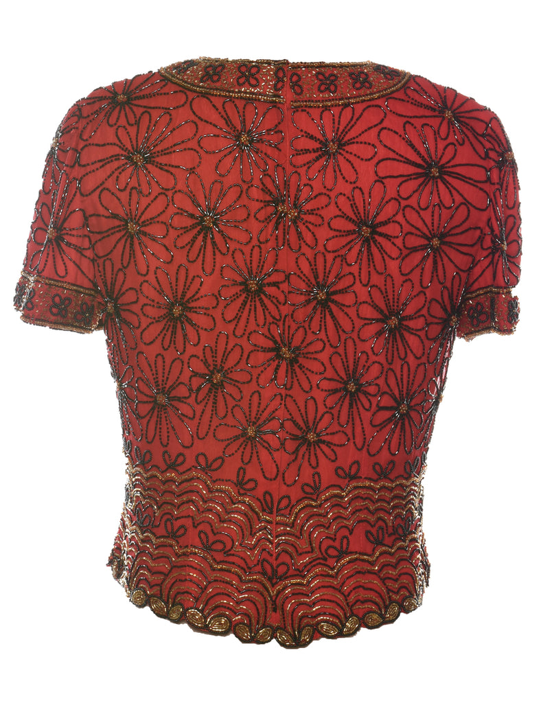 Red Beaded Silk Party Top - M