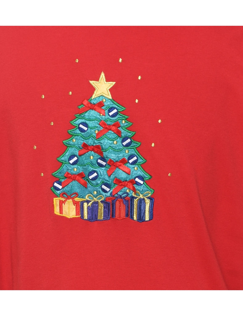 Red Embroidered Christmas Tree Design Sweatshirt - L