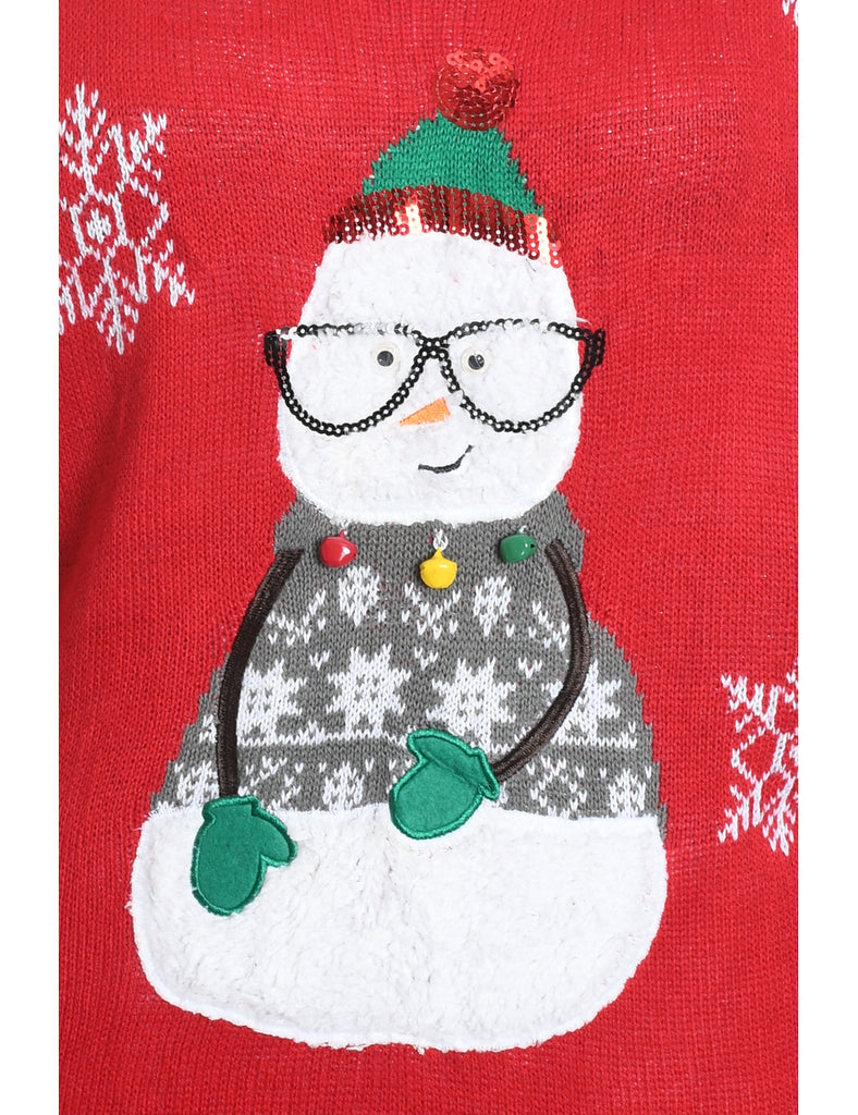 Red Knit Snowman Design Christmas Jumper  - L