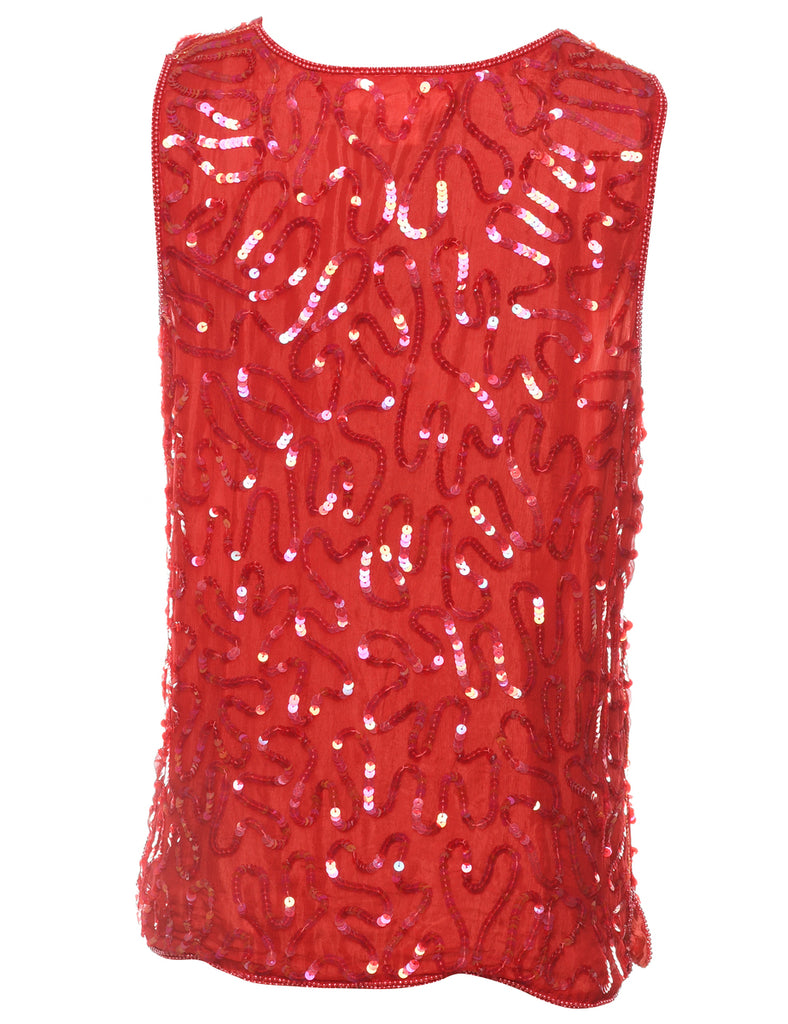 Red Sequined Silk Party Top - M