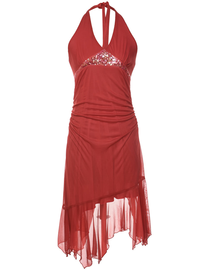 Red & Silver Diamanté Detail Y2K Evening Dress - M